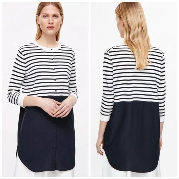 COS Striped Cotton Knit Silk Button Front Tunic Top - Picture 11 of 12